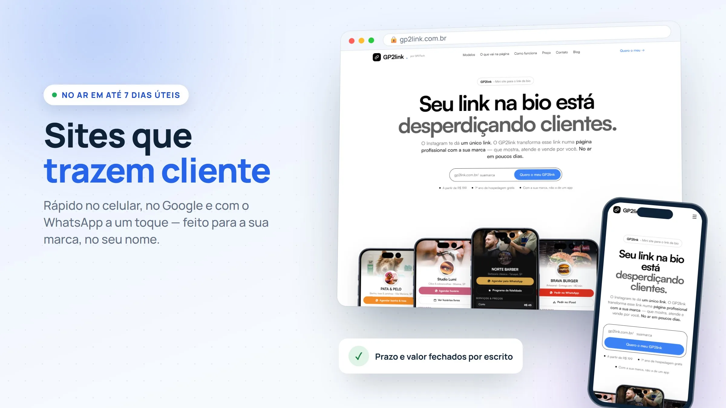 Site profissional da GP2Tech no computador e no celular: rápido, no Google e com WhatsApp a um toque