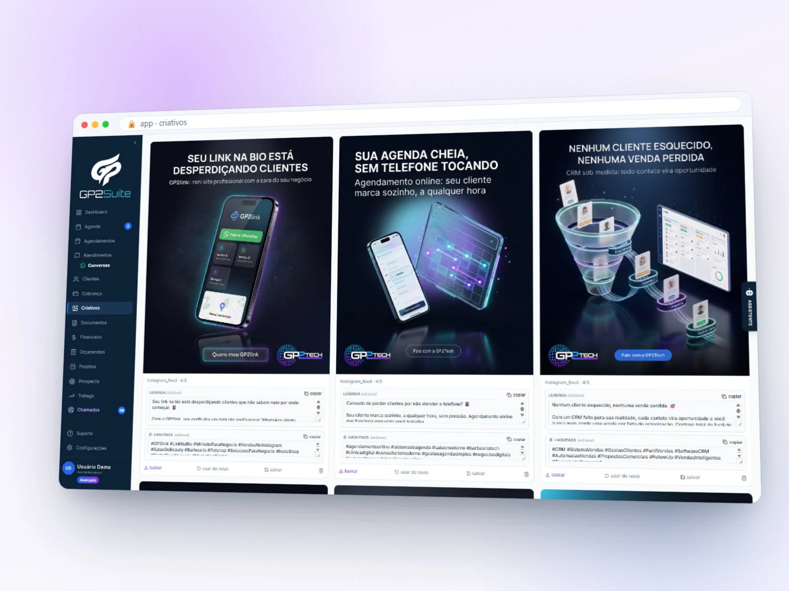 Criativos · posts com ia — projeto gp2tech