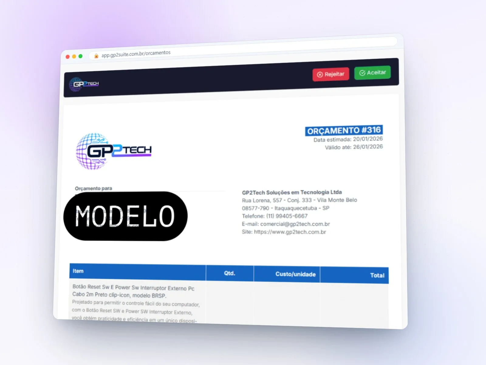 Sistema de orçamentos — projeto gp2tech