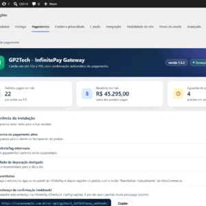 Tela do GP2Tech InfinitePay Gateway com os pedidos pagos no mês e a conferência da instalação
