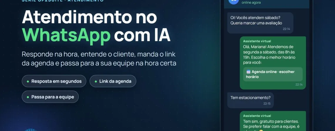 Atendimento no WhatsApp com IA no GP2Suite: resposta na hora, link da agenda e transferência para a equipe