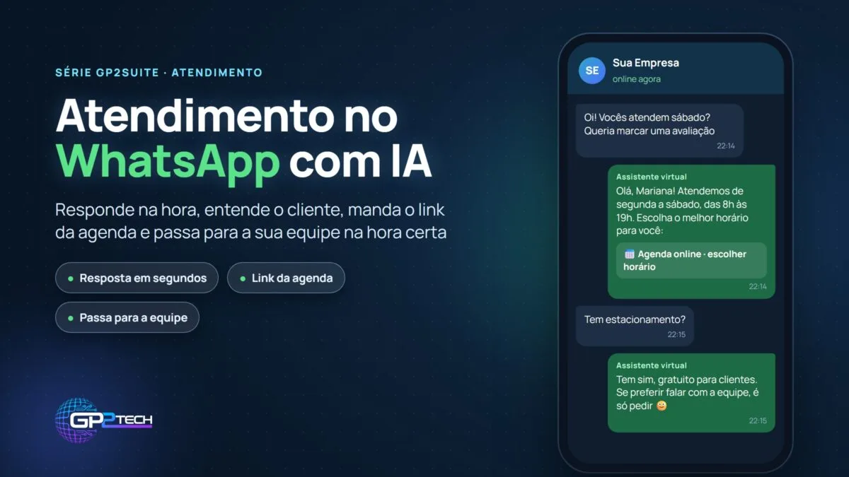 Atendimento no whatsapp com ia: como o gp2suite responde, qualifica e passa para a sua equipe 1 Atendimento no whatsapp com ia no gp2suite: resposta na hora, link da agenda e transferência para a equipe