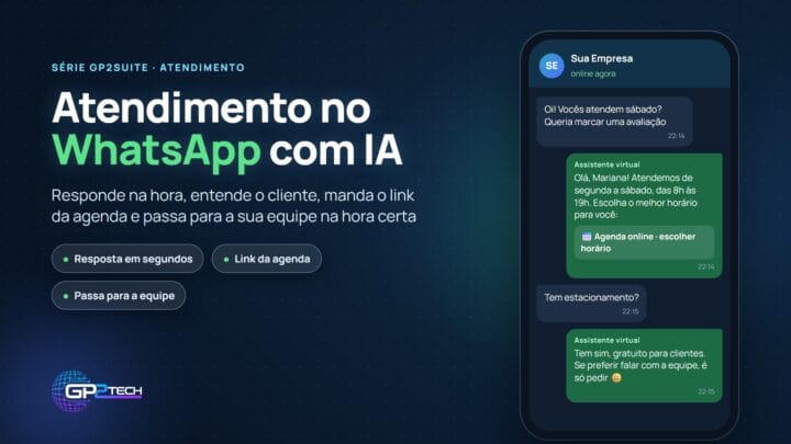 Atendimento no WhatsApp com IA no GP2Suite: resposta na hora, link da agenda e transferência para a equipe