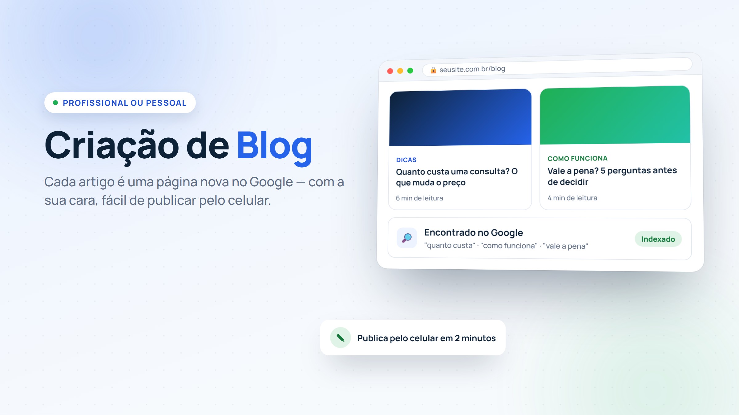 Blog profissional com artigos, categorias, índice, autor e imagem de capa, pronto para o Google