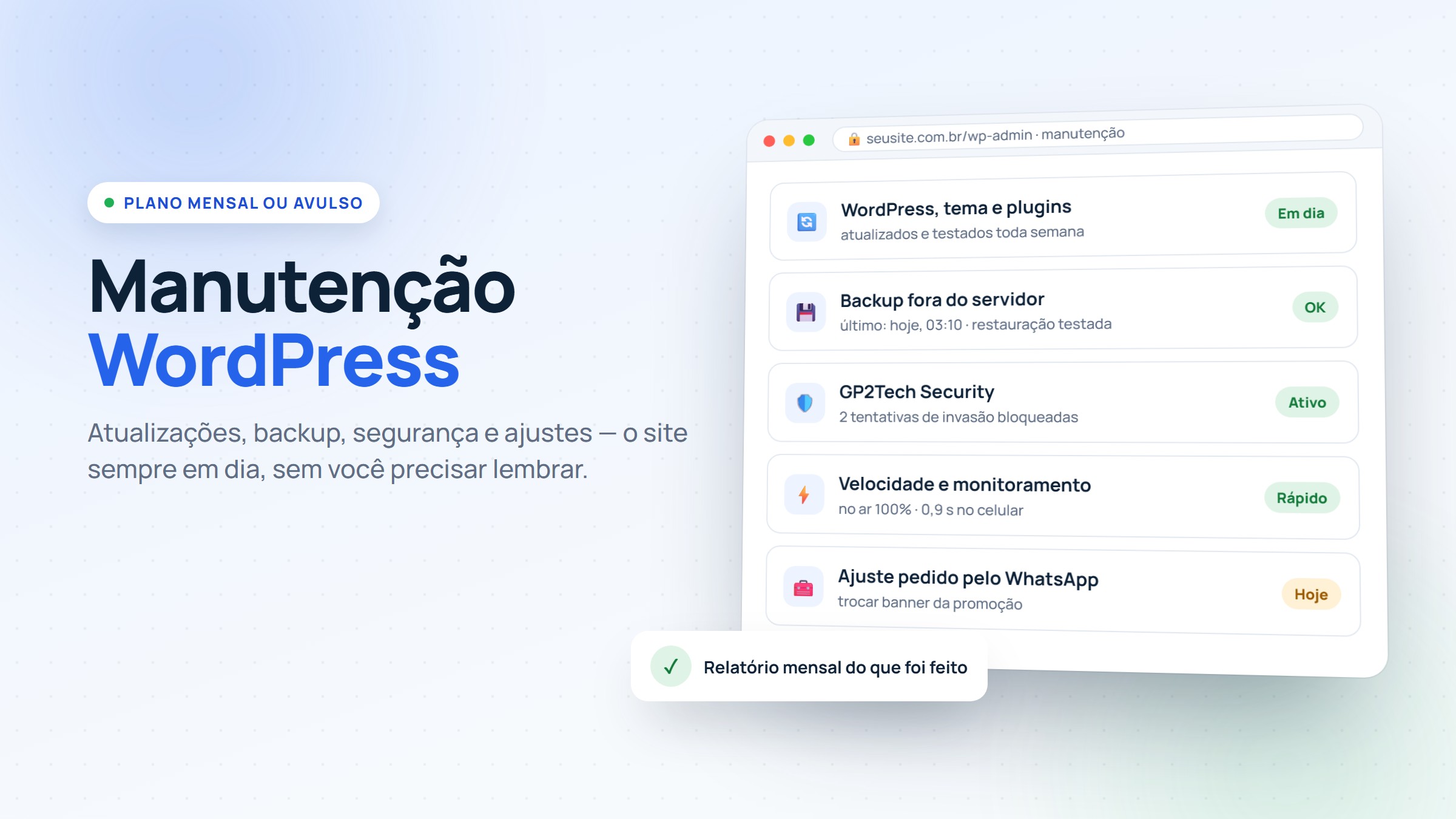 Painel de manutenção de site WordPress: atualizações, backup, segurança, velocidade e ajustes em dia