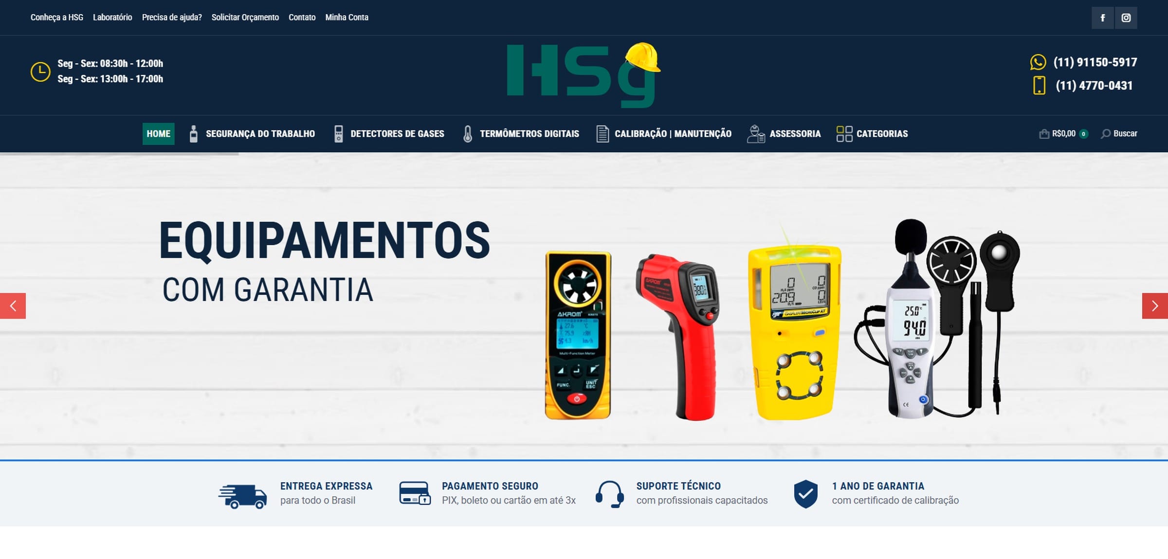 Loja virtual da HSG Instrumentos, cliente da GP2Tech: equipamentos com garantia, entrega expressa, pagamento seguro