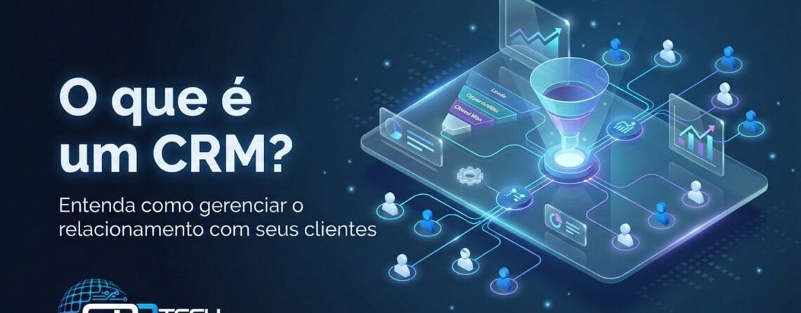 Ilustração de um funil de vendas conectando clientes, relatórios e atendimento