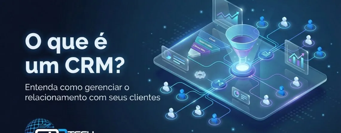 Ilustração de um funil de vendas conectando clientes, relatórios e atendimento