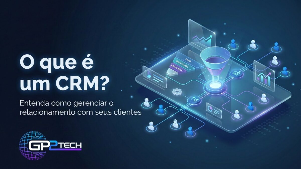Ilustração de um funil de vendas conectando clientes, relatórios e atendimento