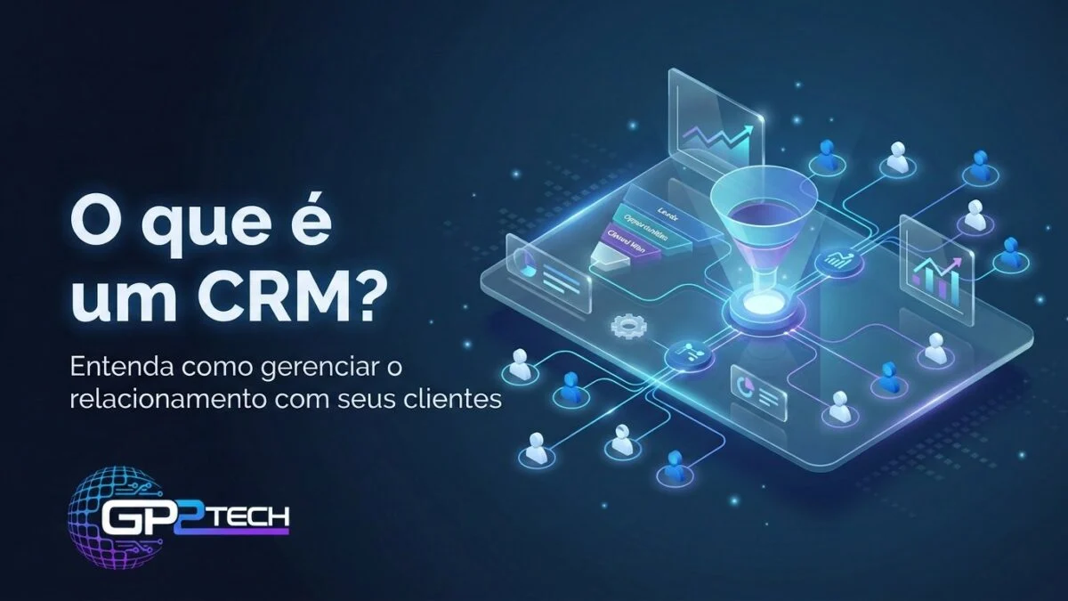Ilustração de um funil de vendas conectando clientes, relatórios e atendimento