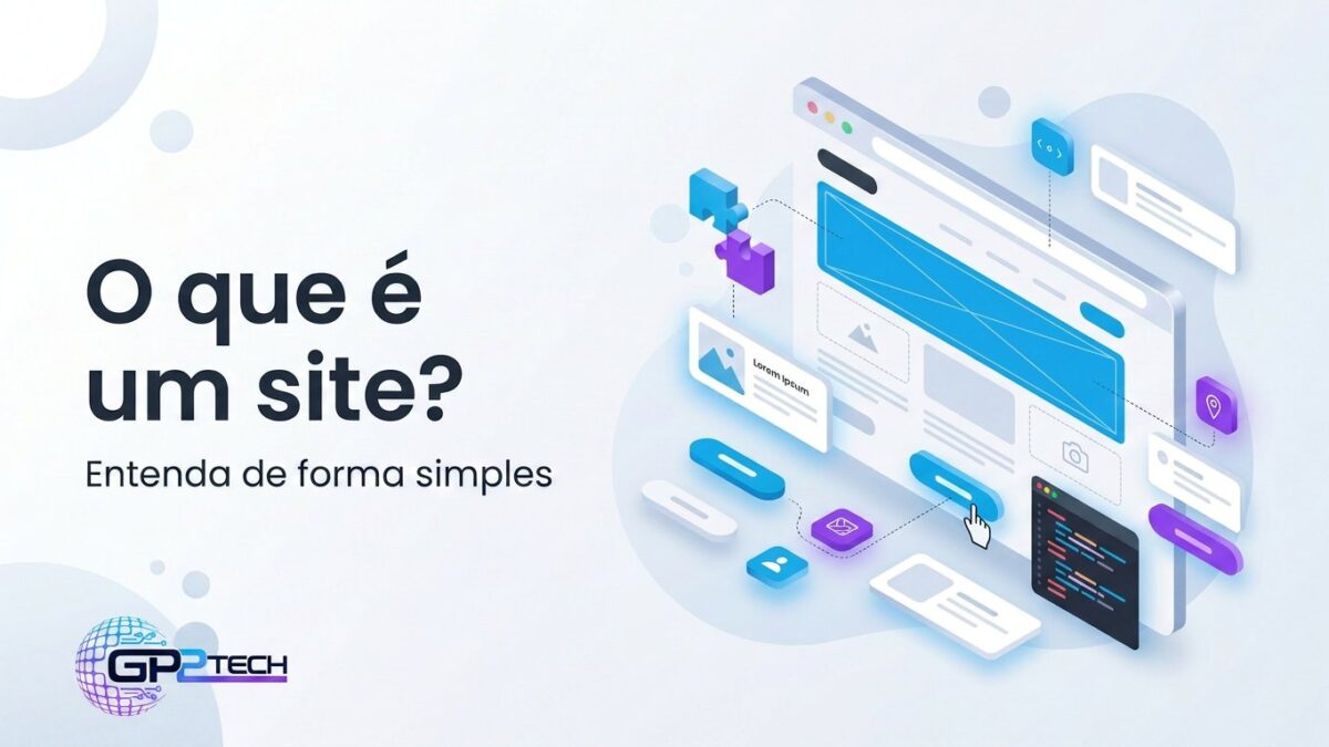 Ilustração de um site sendo montado, com páginas, botões e código