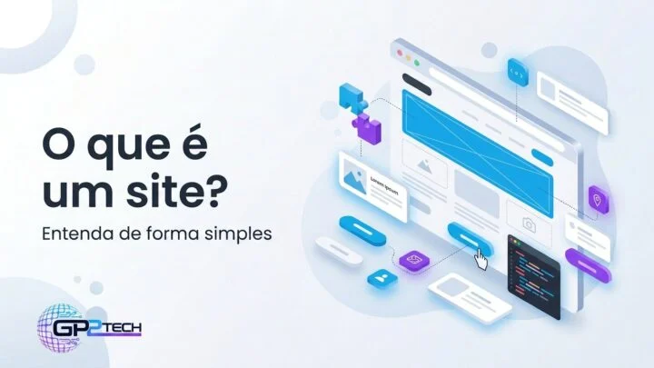 Ilustração de um site sendo montado, com páginas, botões e código