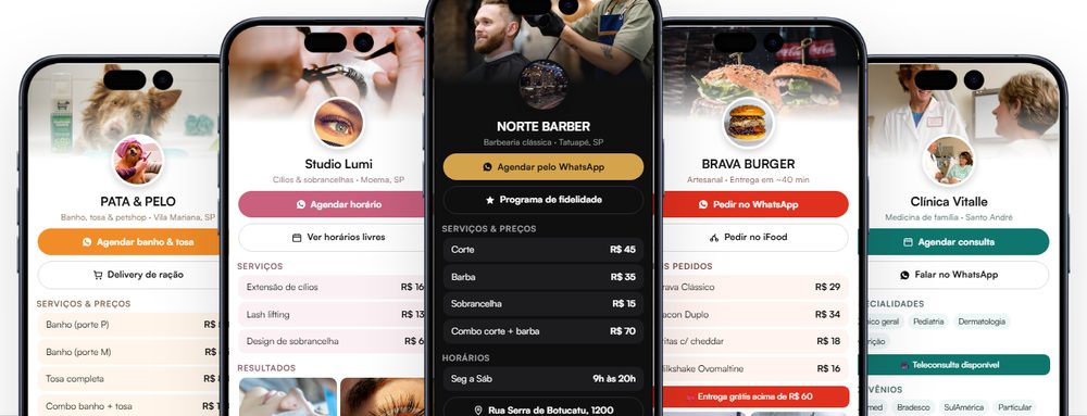 Cinco exemplos de gp2link no celular: petshop, estética, barbearia, hamburgueria e clínica