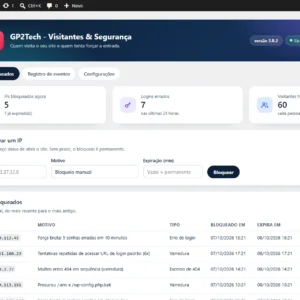 Tela do GP2Tech Visitantes e Segurança com os IPs bloqueados, logins errados e visitantes do dia