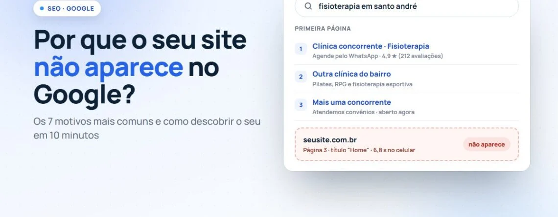 Por que o seu site não aparece no Google: tela de busca com os concorrentes na primeira página e o seu site na página 3