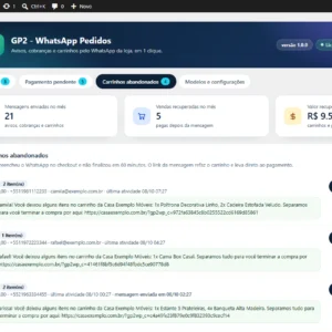 Carrinhos abandonados com a mensagem e o link que refaz a compra
