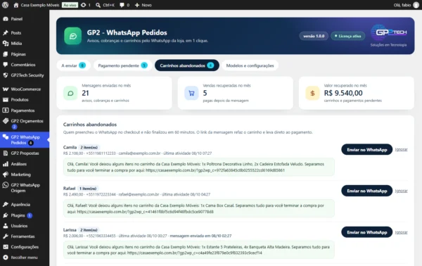 Carrinhos abandonados com a mensagem e o link que refaz a compra
