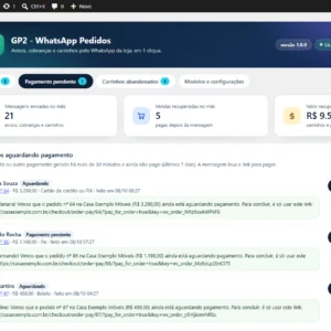 Pedidos com pix ou boleto pendente e o lembrete com o link para pagar